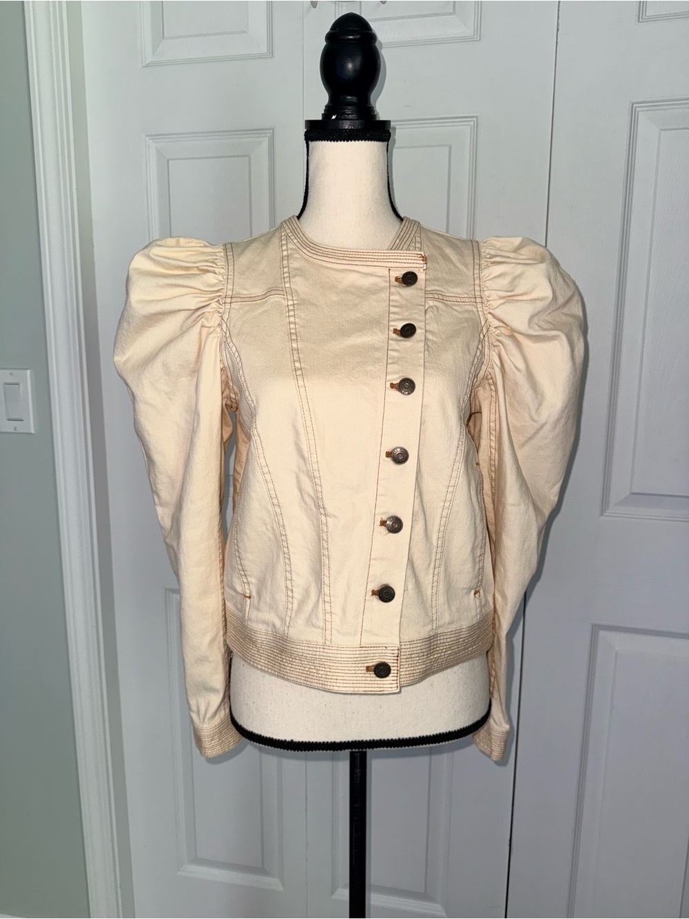 Ulla Johnson Cream Cosette Denim Jacket Puff Sleeve Contrast Stitch Size S - Picture 2 of 15